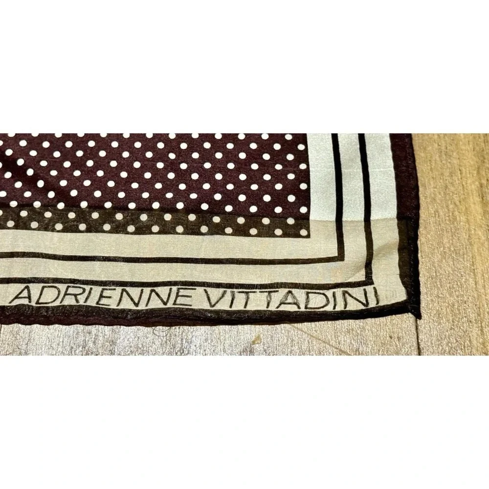 Adrienne Vittadini Silk Scarf Brown Polka Dot Cream Stripe Geometric Square